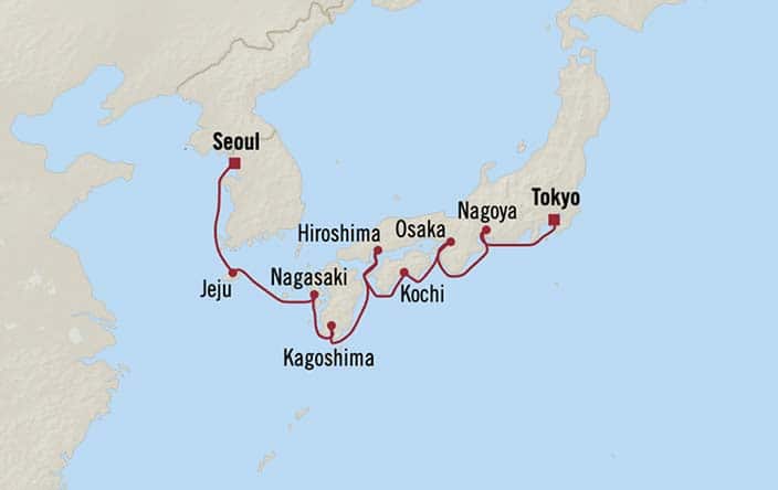 Itinerary Map for Oceania Riviera Cruises Voyage ID RVA280302