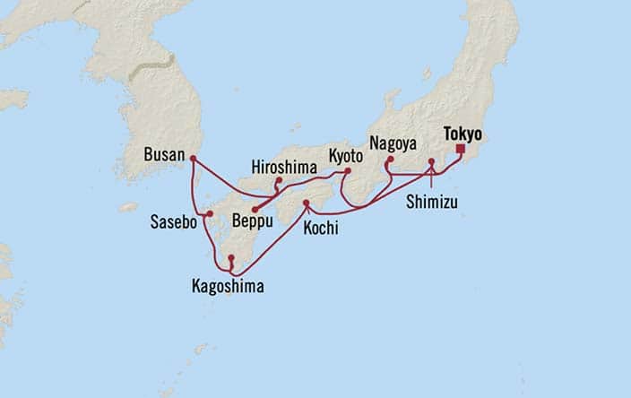 Itinerary Map for Oceania Riviera Cruises Voyage ID RVA280322