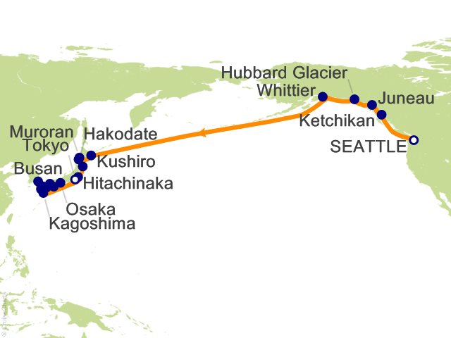 Itinerary map for Oceania Riviera voyage RVA280907A