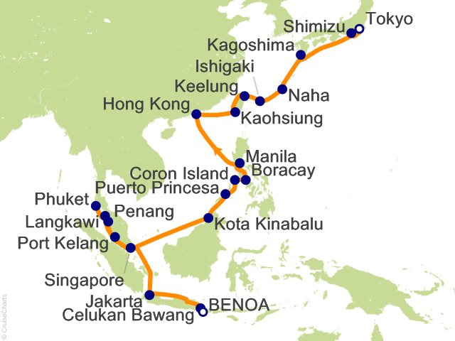 Itinerary map for Oceania Riviera voyage RVA290215A