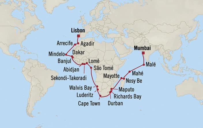 Itinerary Map for Oceania Cruises Sirena Voyage ID SIR260311A