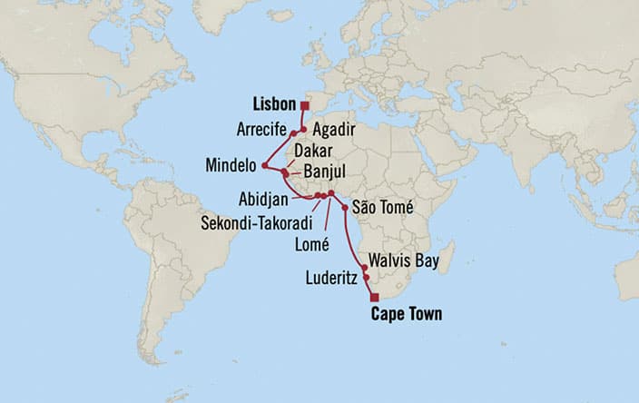 Itinerary Map for Oceania Cruises Sirena Voyage ID SIR260331