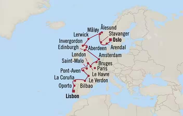 Itnerary Map for Oceania Cruises Sirena Voyage ID SIR260623A