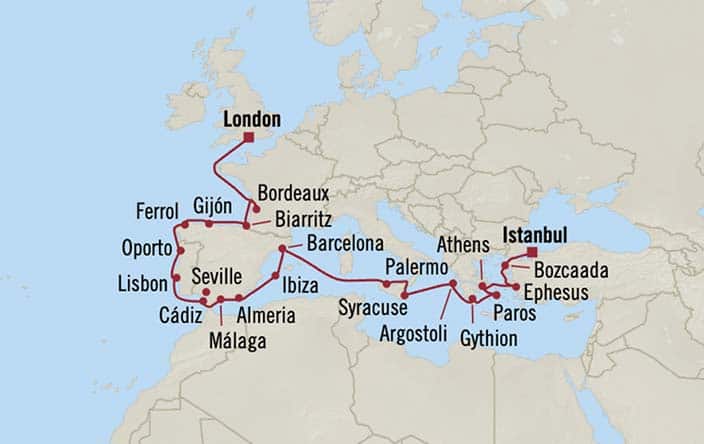 Itinerary Map for Oceania Cruises Sirena Voyage ID SIR260805A