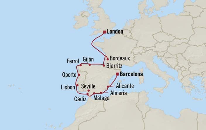 Itinerary Map for Oceania Cruises Sirena Voyage ID SIR260805