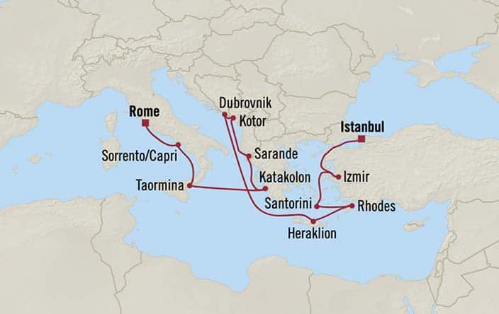 Itinerary Map for Oceania Cruises Sirena Voyage ID SIR260827