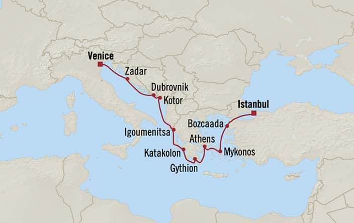 Itinerary Map for Oceania Cruises Sirena Voyage ID SIR261112