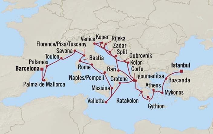 Itinerary Map for Oceania Cruises Sirena Voyage ID SIR261112B