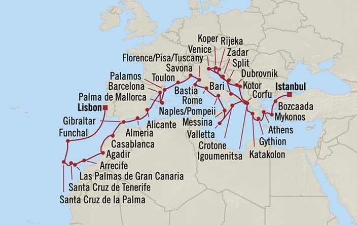 Itinerary Map for Oceania Cruises Sirena Voyage ID SIR261112C