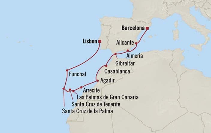 Itinerary Map for Oceania Cruises Sirena Voyage ID SIR261209