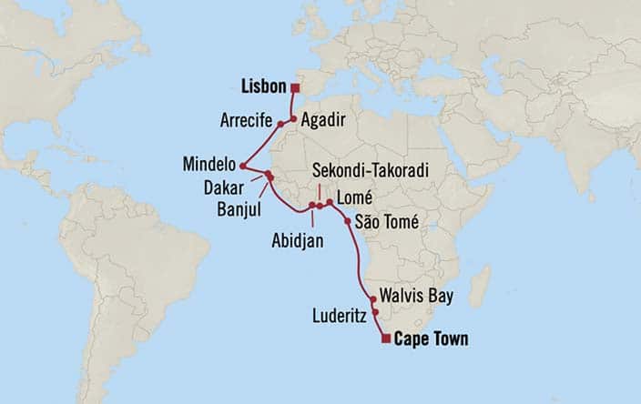 Itinerary Map for Oceania Cruises Sirena Voyage ID SIR270207