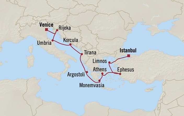 Itinerary Map for Oceania Cruises Sirena Voyage ID SIR270602