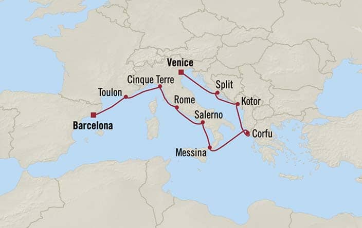 Itinerary Map for Oceania Cruises Sirena Voyage ID SIR270612