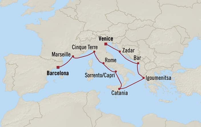 Itinerary Map for Oceania Cruises Sirena Voyage ID SIR270621