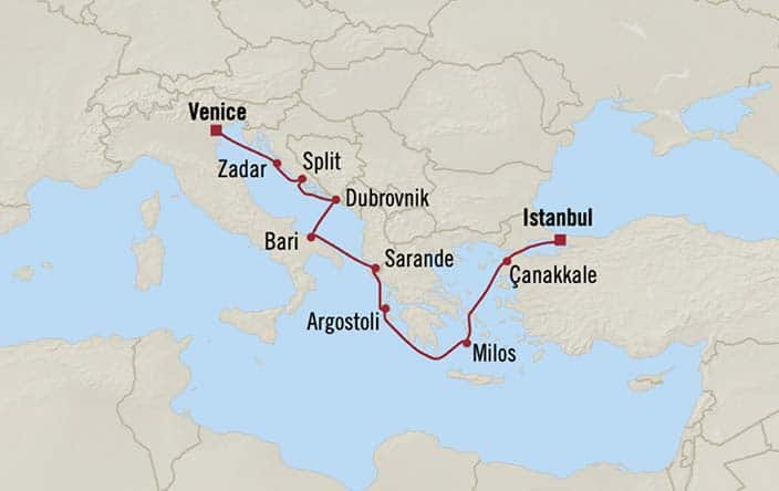 Itinerary Map for Oceania Cruises Sirena Voyage ID SIR270630