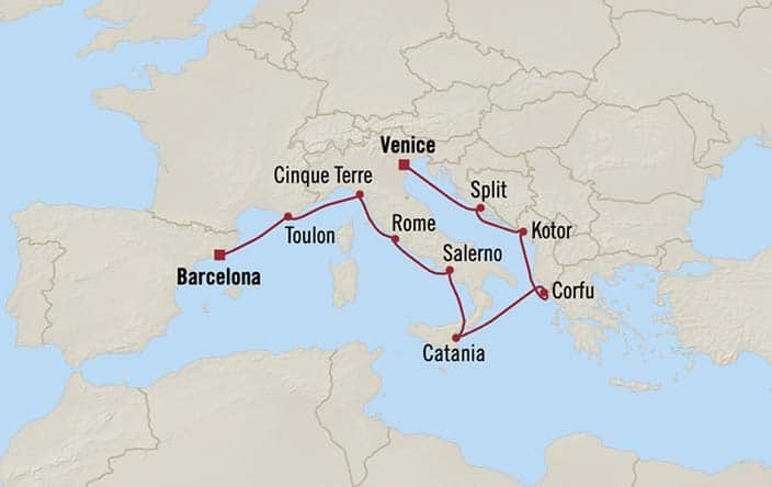 Itinerary Map for Oceania Cruises Sirena Voyage ID SIR270807