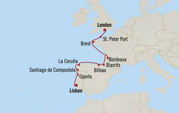 Itinerary Map for Oceania Cruises Sirena Voyage ID SIR270825