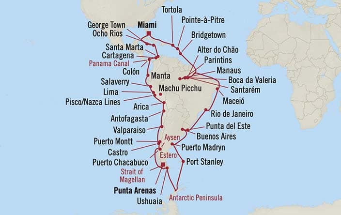 Itinerary Map for Oceania Cruises Sirena Voyage ID SIR280105C