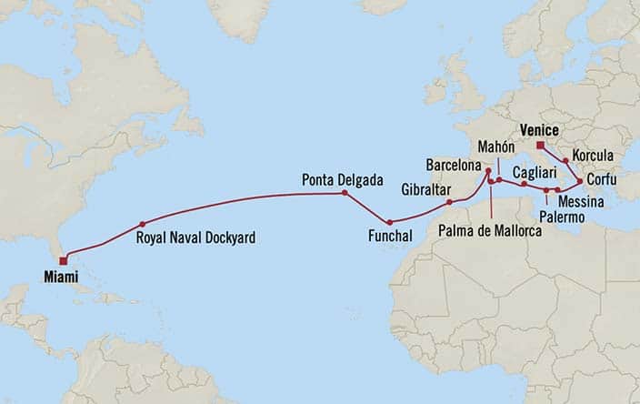 Itinerary Map for Oceania Cruises Sirena Voyage ID SIR280310A