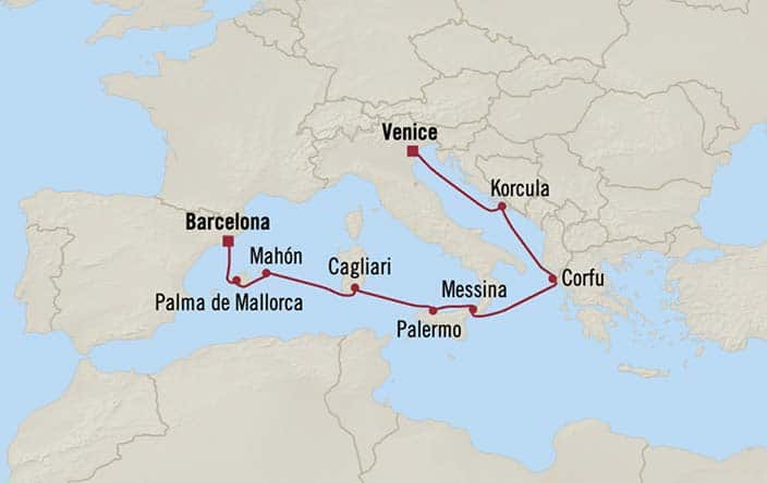 Itinerary Map for Oceania Cruises Sirena Voyage ID SIR280324