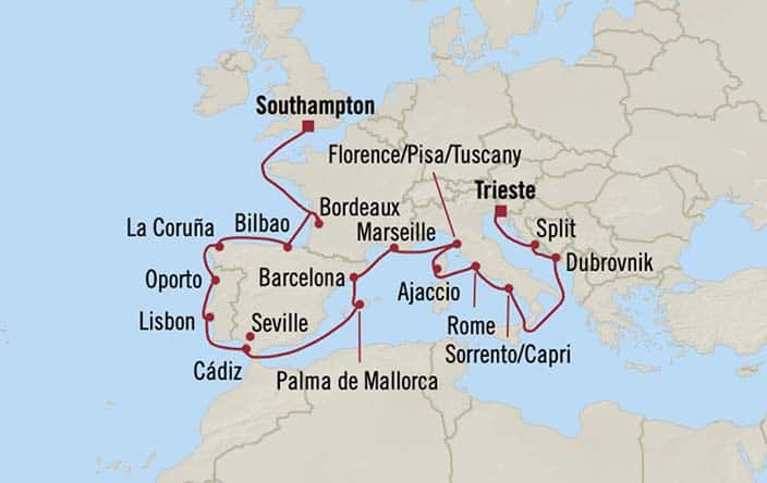 Oceania Cruises Sonata Itinerary Map for Oceania Cruises Voyage ID SON270821A