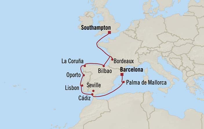 Oceania Cruises Sonata Itinerary Map for Oceania Cruises Voyage ID SON270830