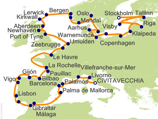Oceania Sonata itinerary map for voyage SON280408C