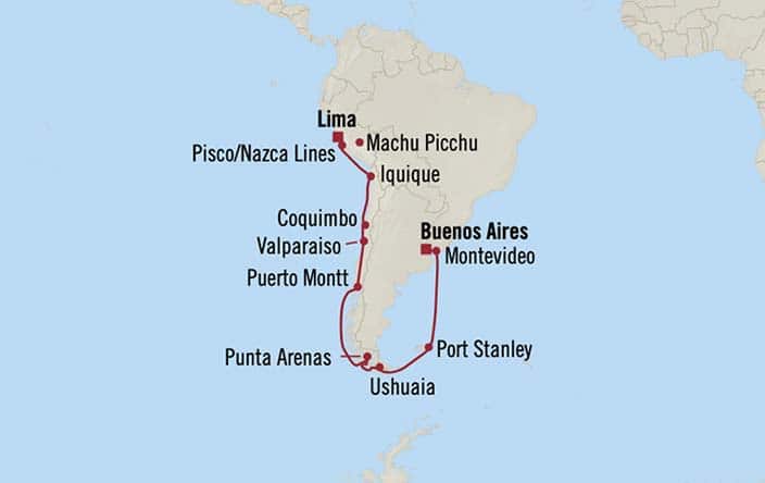 Itnerary Map for Oceania Cruises Vista Voyage ID VIS260203