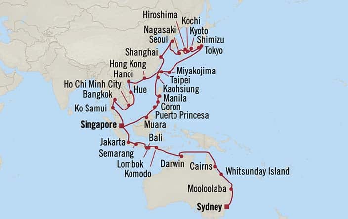 Itinerary Map for Oceania Cruises Voyage ID VIS270226C