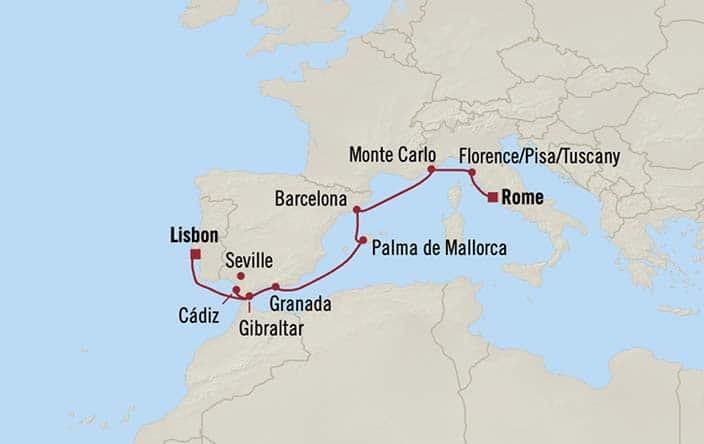 Itinerary Map for Oceania Cruises Voyage ID VIS270615