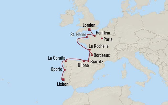 Itinerary Map for Oceania Cruises Voyage ID VIS270624