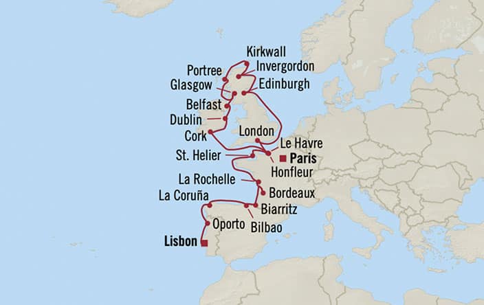 Itinerary Map for Oceania Cruises Voyage ID VIS270624A