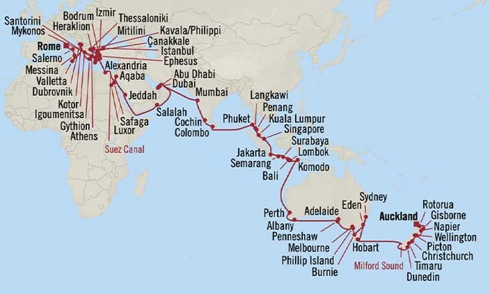 Itinerary Map for Oceania Cruises Voyage ID VIS280104F