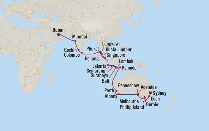 Itinerary Map for Oceania Cruises Voyage ID VIS280118B