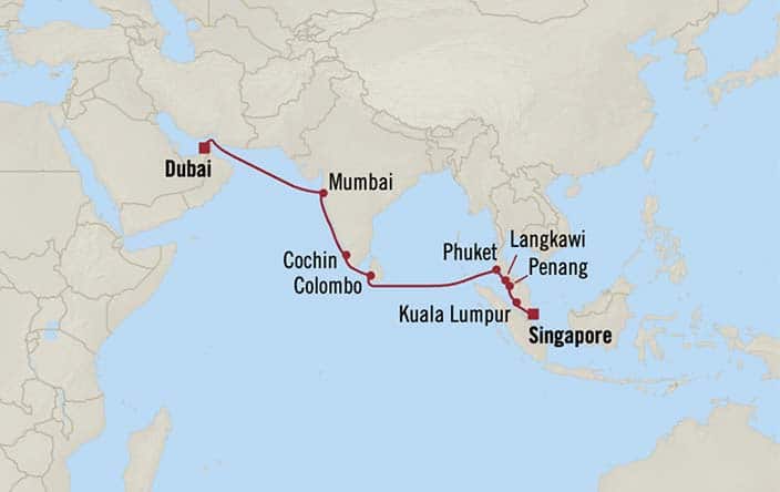 Itinerary Map for Oceania Cruises Voyage ID VIS280215