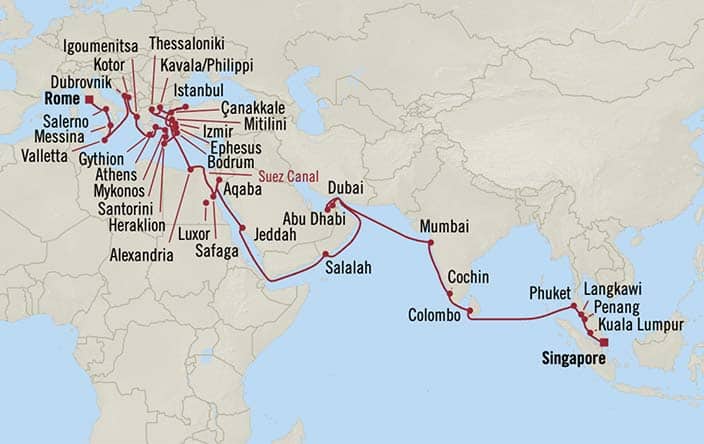 Itinerary Map for Oceania Cruises Voyage ID VIS280215C