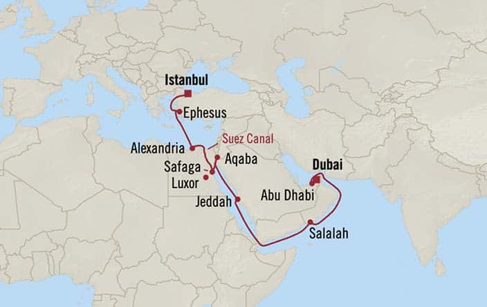 Itinerary Map for Oceania Cruises Voyage ID VIS280302