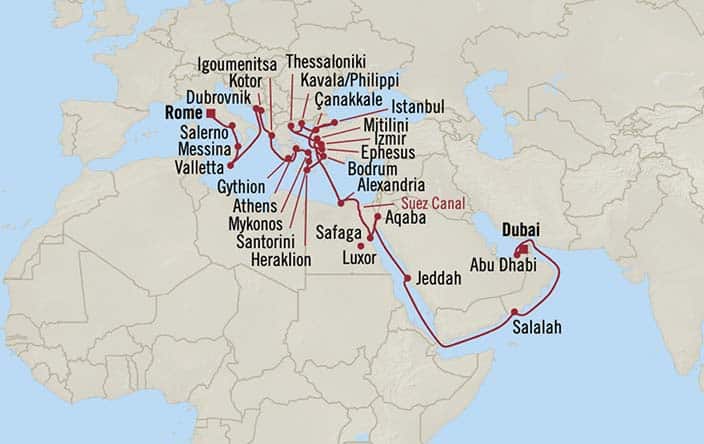 Itinerary Map for Oceania Cruises Voyage ID VIS280302B