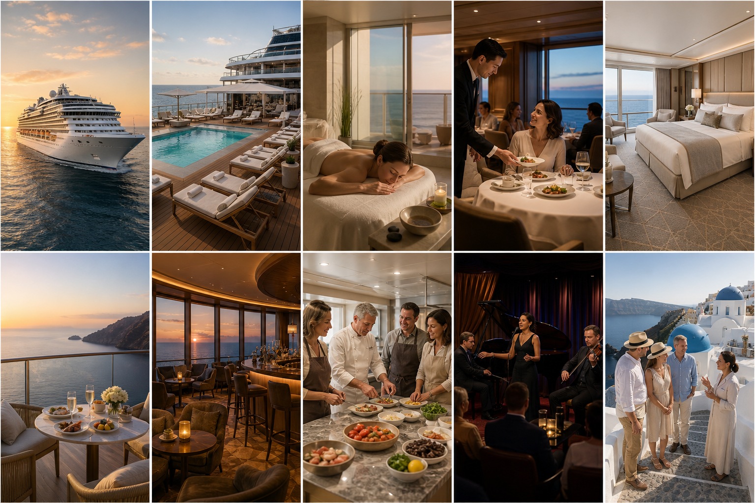 Oceania Cruises luxury inspiration collection featuring a ship at sea, pool deck, wellness, fine dining, suite, private veranda, observation lounge, culinary class, live entertainment, and a Mediterranean cultural excursion