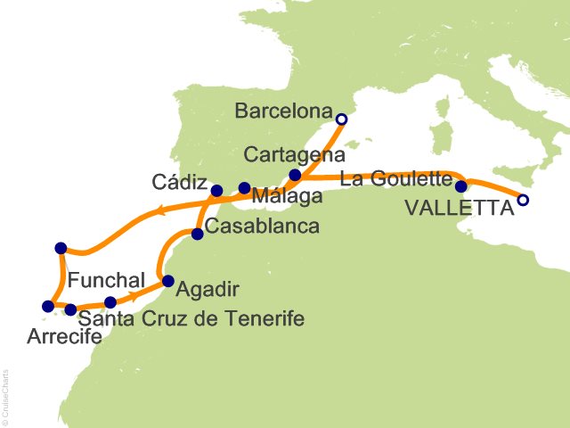 Oceania Allura August 22-September 5 2026 itinerary map