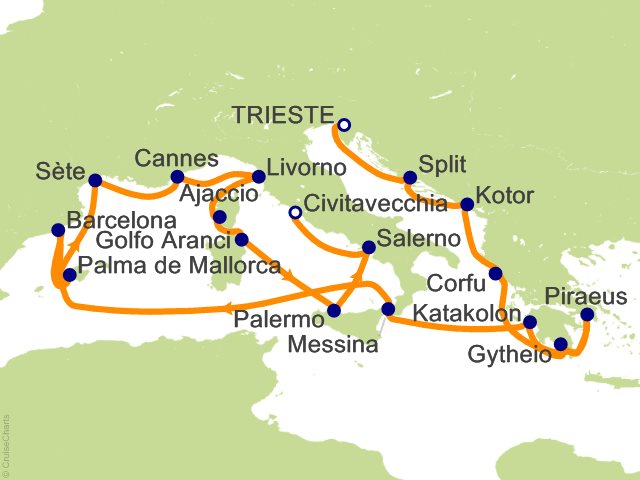Oceania Allura May 23-June 11 2027 itinerary map