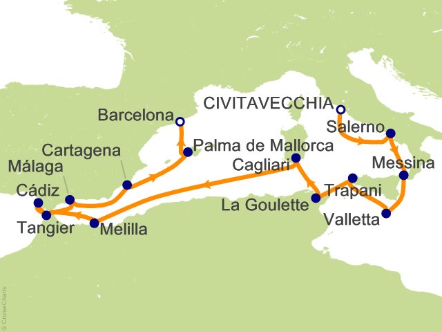 Oceania Allura January 3-17 2028 itinerary map