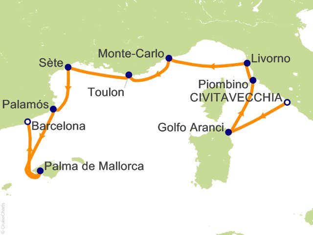 Oceania Allura April 15-24 2028 itinerary map