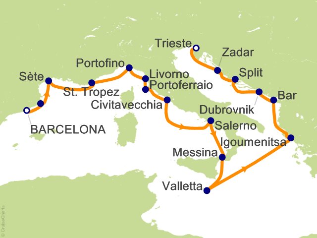 Oceania Allura April 24-May 11 2028 itinerary map