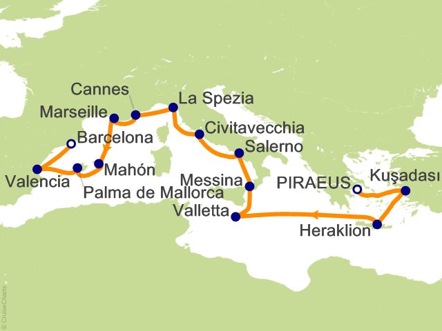 Oceania Allura May 21-June 4 2028 itinerary map