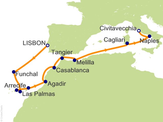 Oceania Allura December 27 2028-January 10 2029 itinerary map