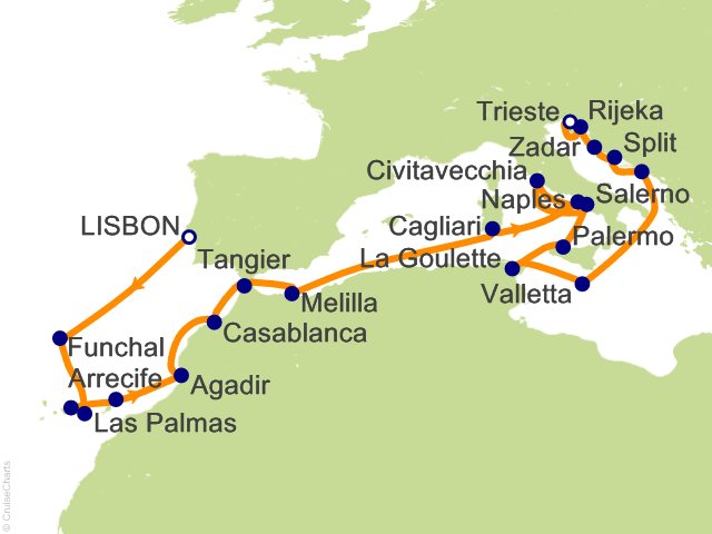 Oceania Allura December 27 2028-January 20 2029 itinerary map