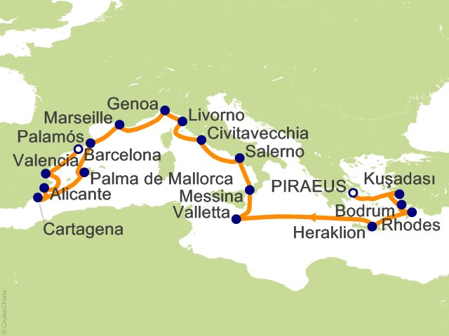 Itinerary Map for Oceania Cruises Allura Voyage ID ALU290129A