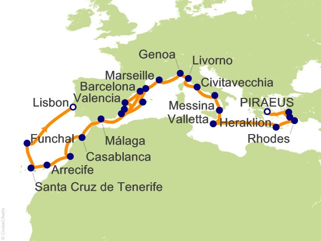 Itinerary Map for Oceania Cruises Allura Voyage ID ALU290129B