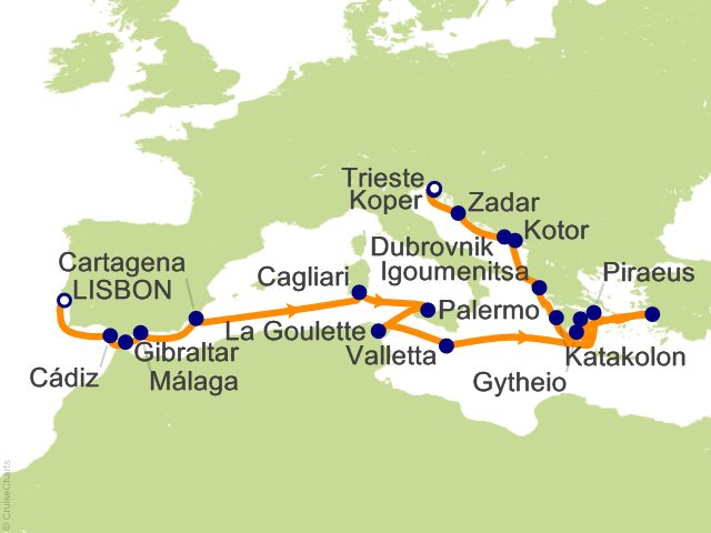 Itinerary Map for Oceania Cruises Allura Voyage ID ALU290226A